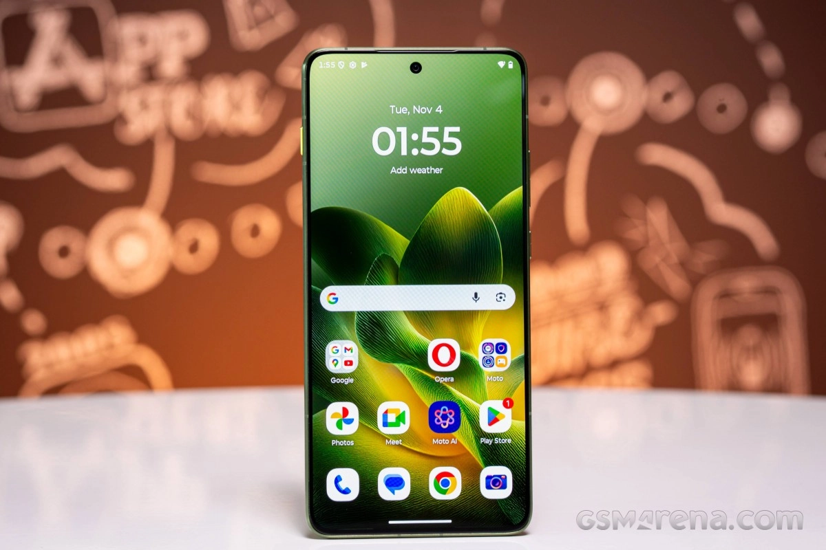 Motorola Edge 70 smartphone front view with apps.