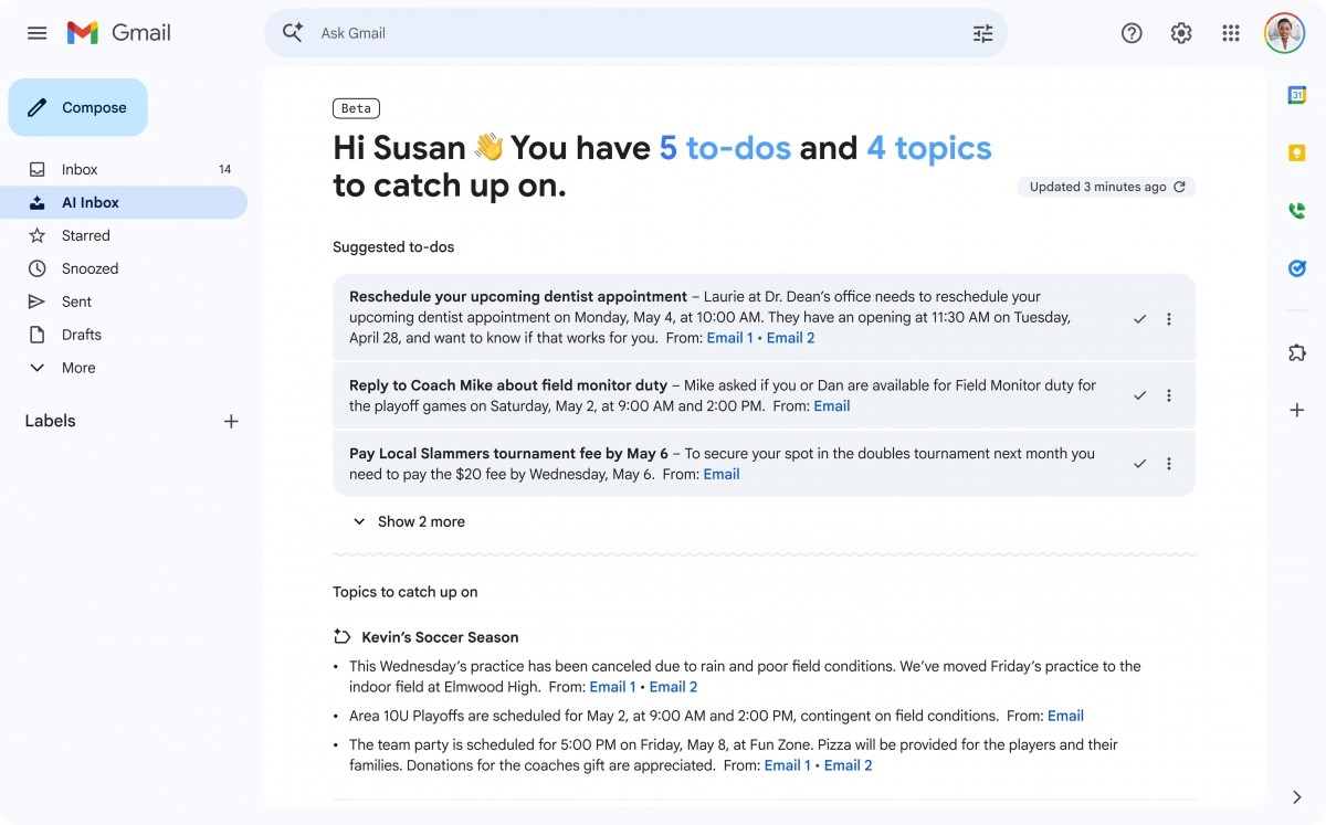 Gmail AI Inbox showing to-dos and topics.