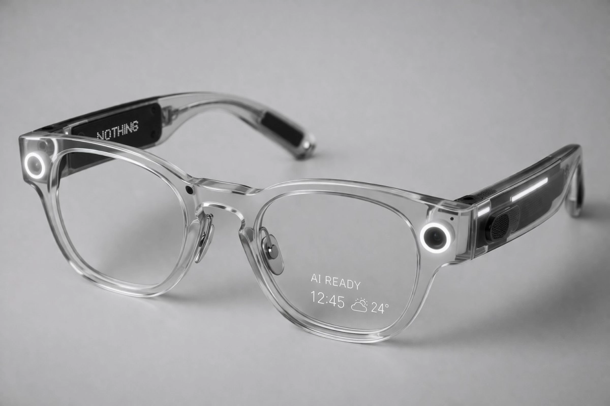 Nothing AI glasses with display showing time, weather.