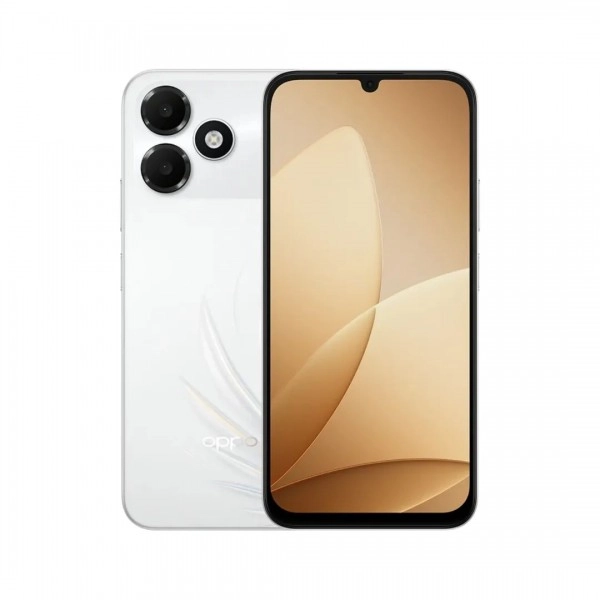 White Oppo A6c smartphone front and back.