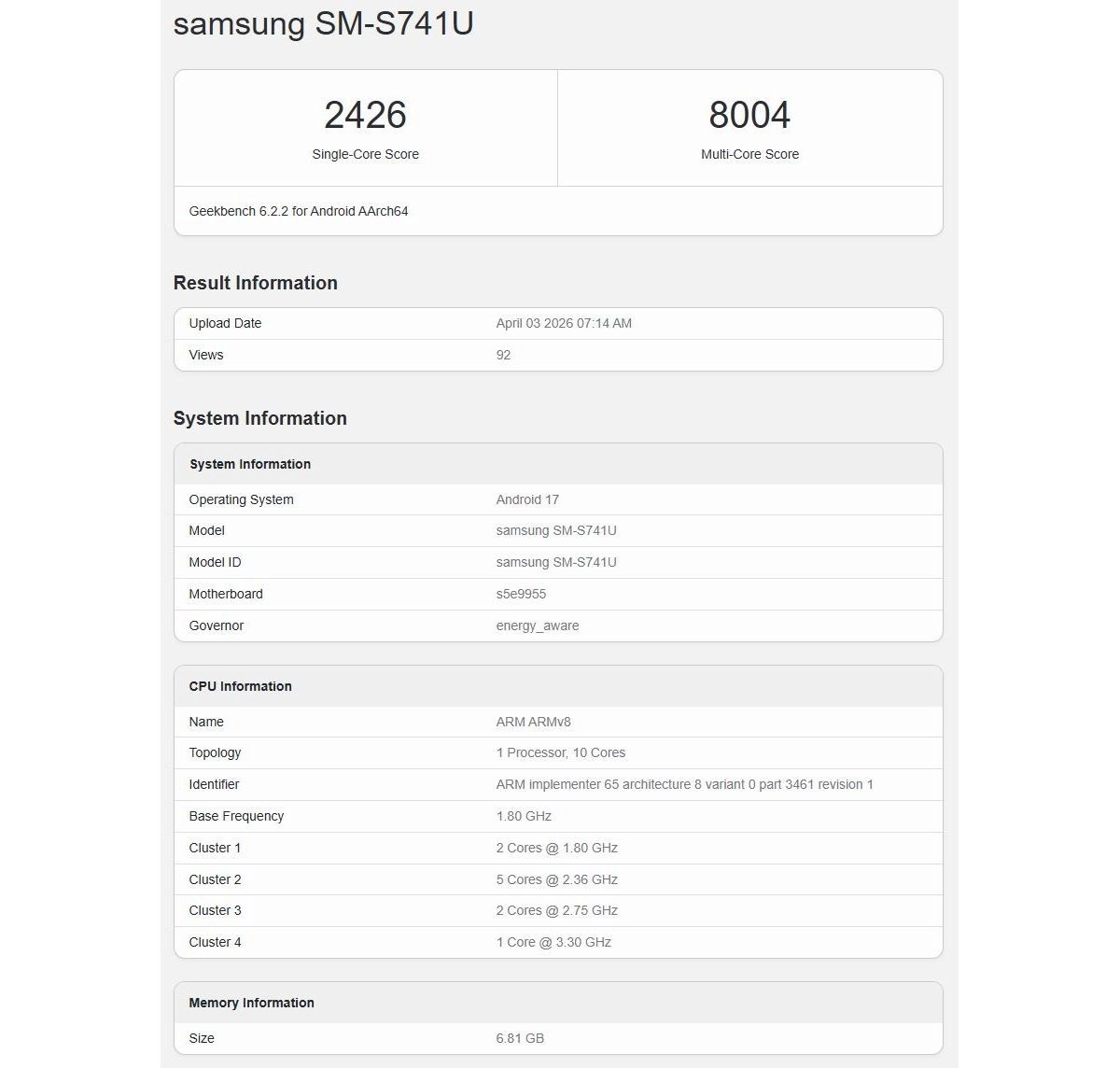 Samsung SM-S741U Geekbench score and chipset details.