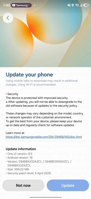 Galaxy S26 update screen April 2026 security patch.