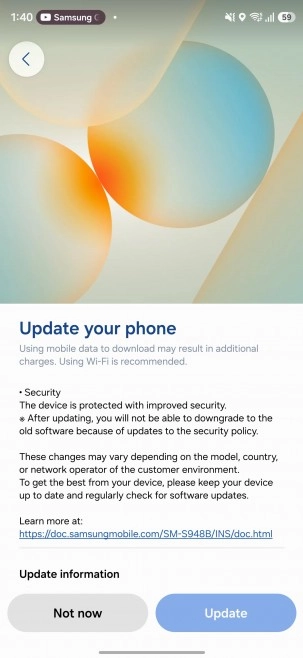 Galaxy S26 series April update notification screen.