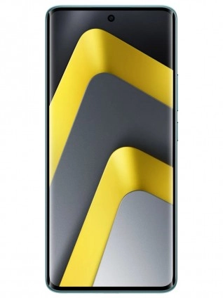Poco smartphone front, yellow wallpaper, punch-hole camera