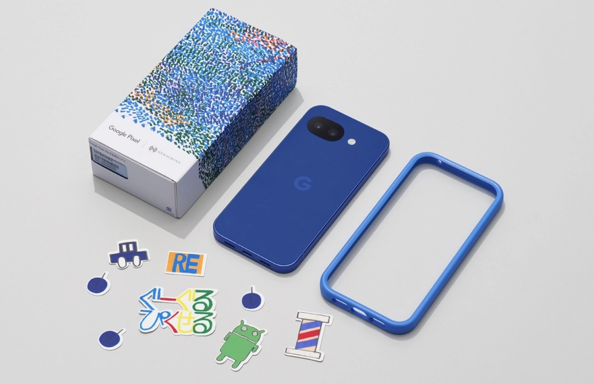 Google Pixel 10a Isai Blue phone with box and case.