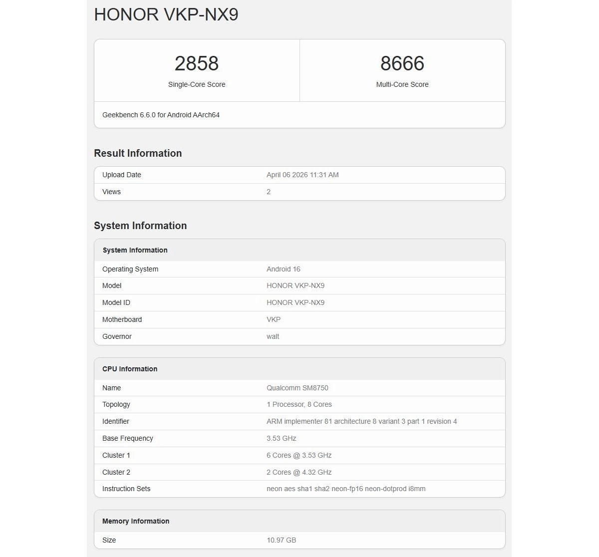 Honor VKP-NX9 Geekbench 6.6.0 scores and specs.