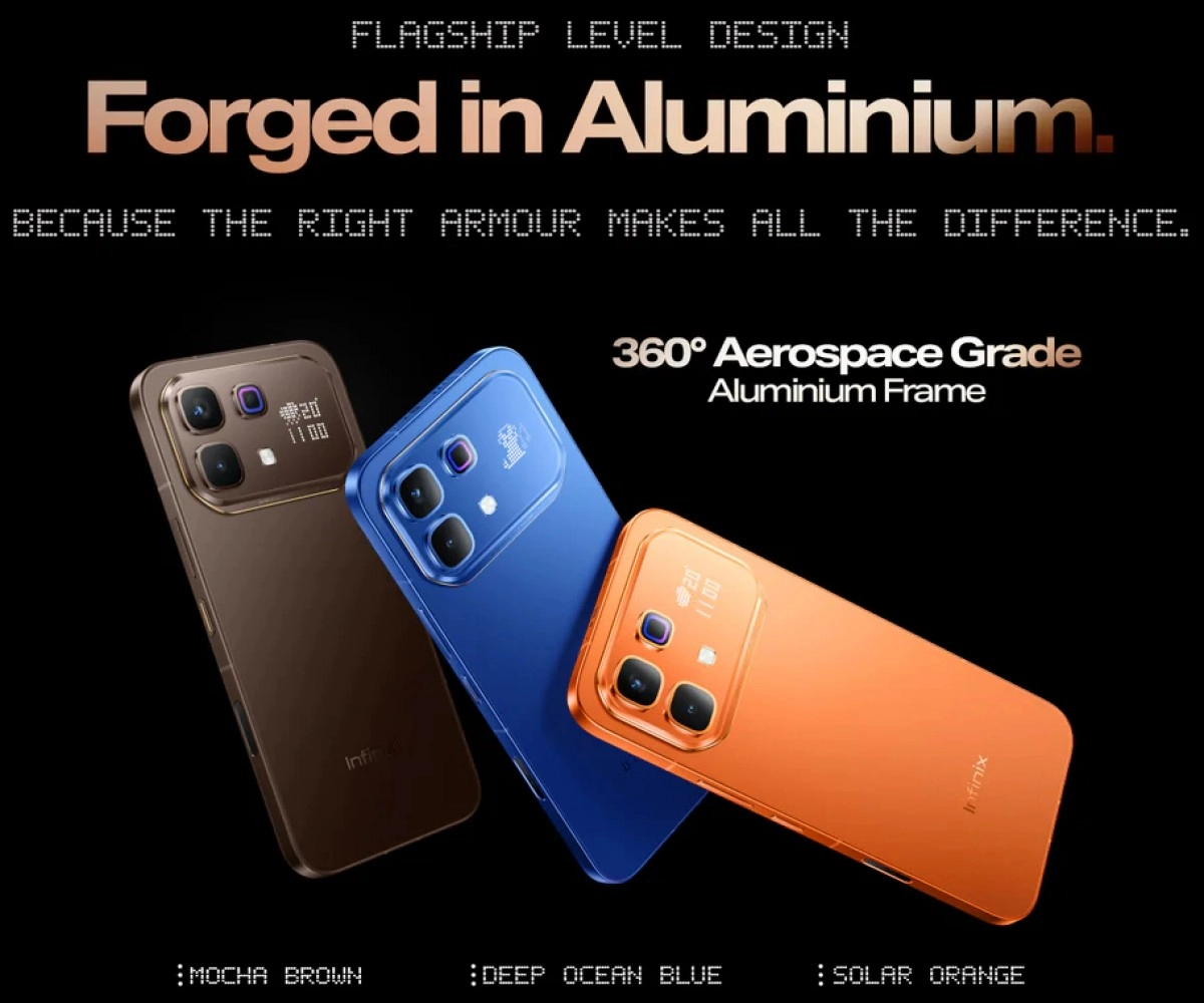 Infinix Note 60 Pro in brown, blue, orange aluminum frame.
