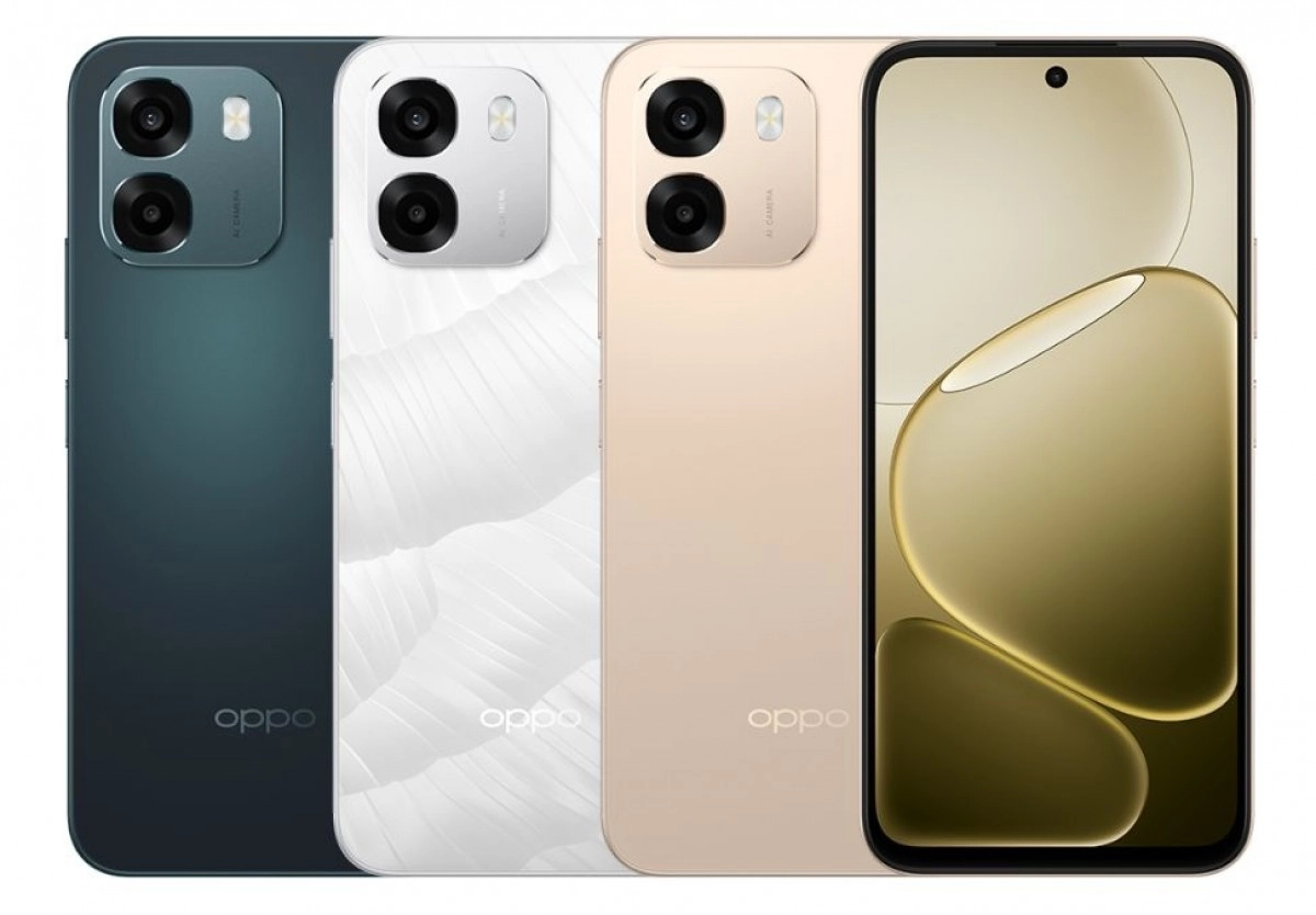 Oppo A6k phones in three colors, front view.