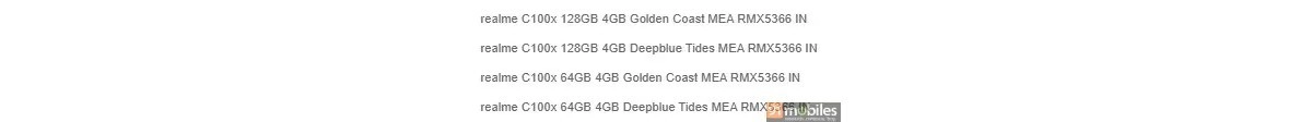 Realme C100x phone models and specifications.