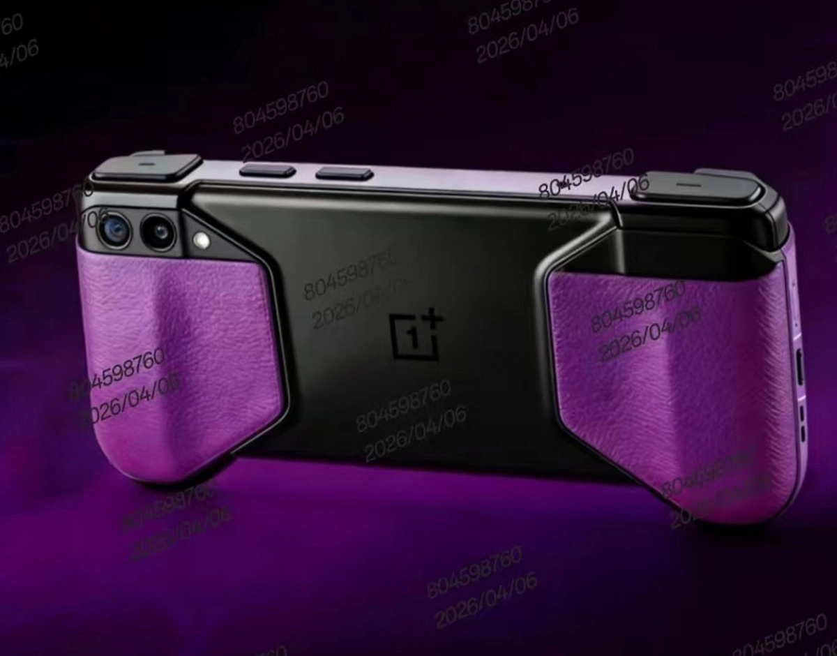 OnePlus gaming handheld purple grips dual cameras.
