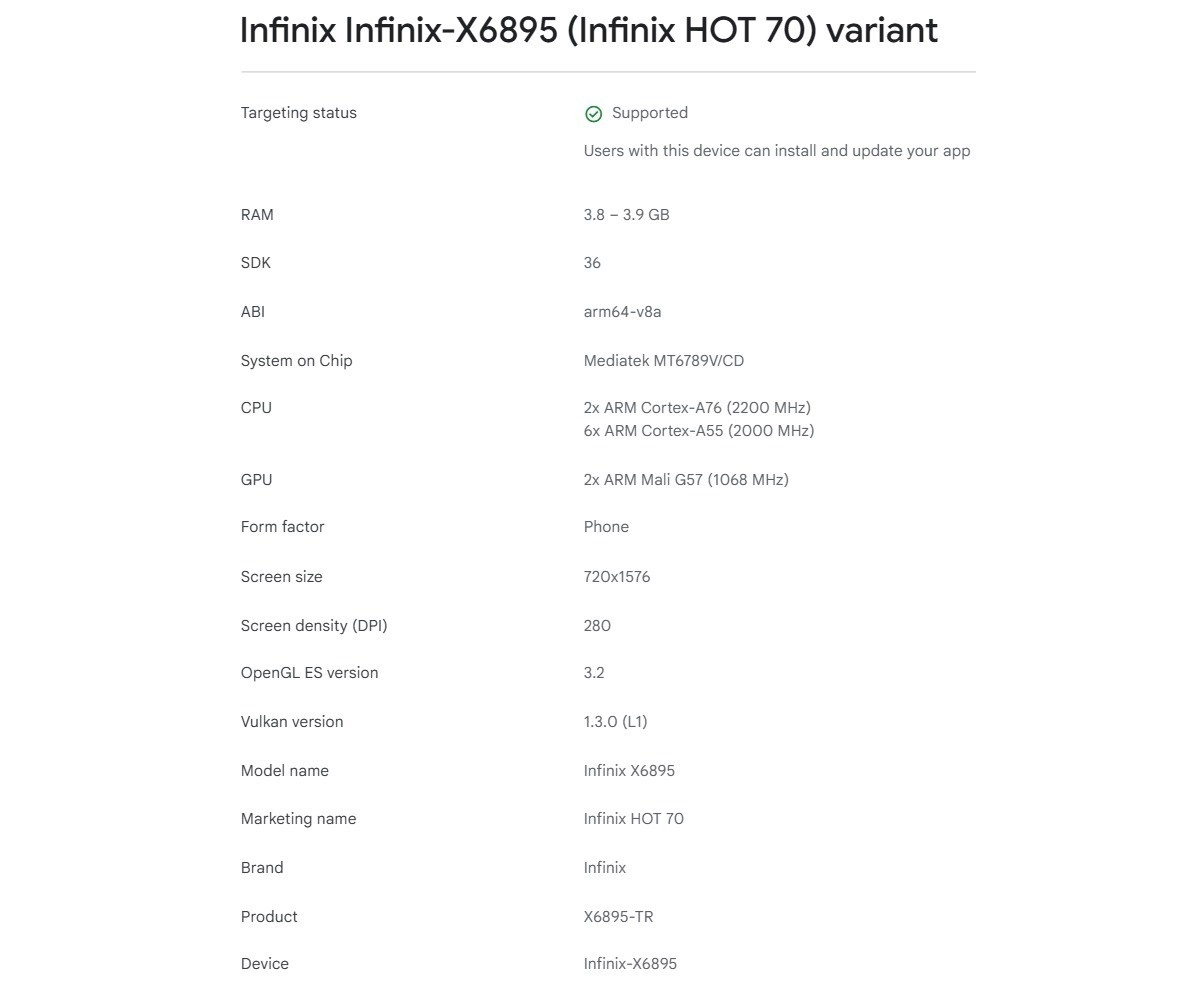 Infinix HOT 70 specifications Google Play Console listing