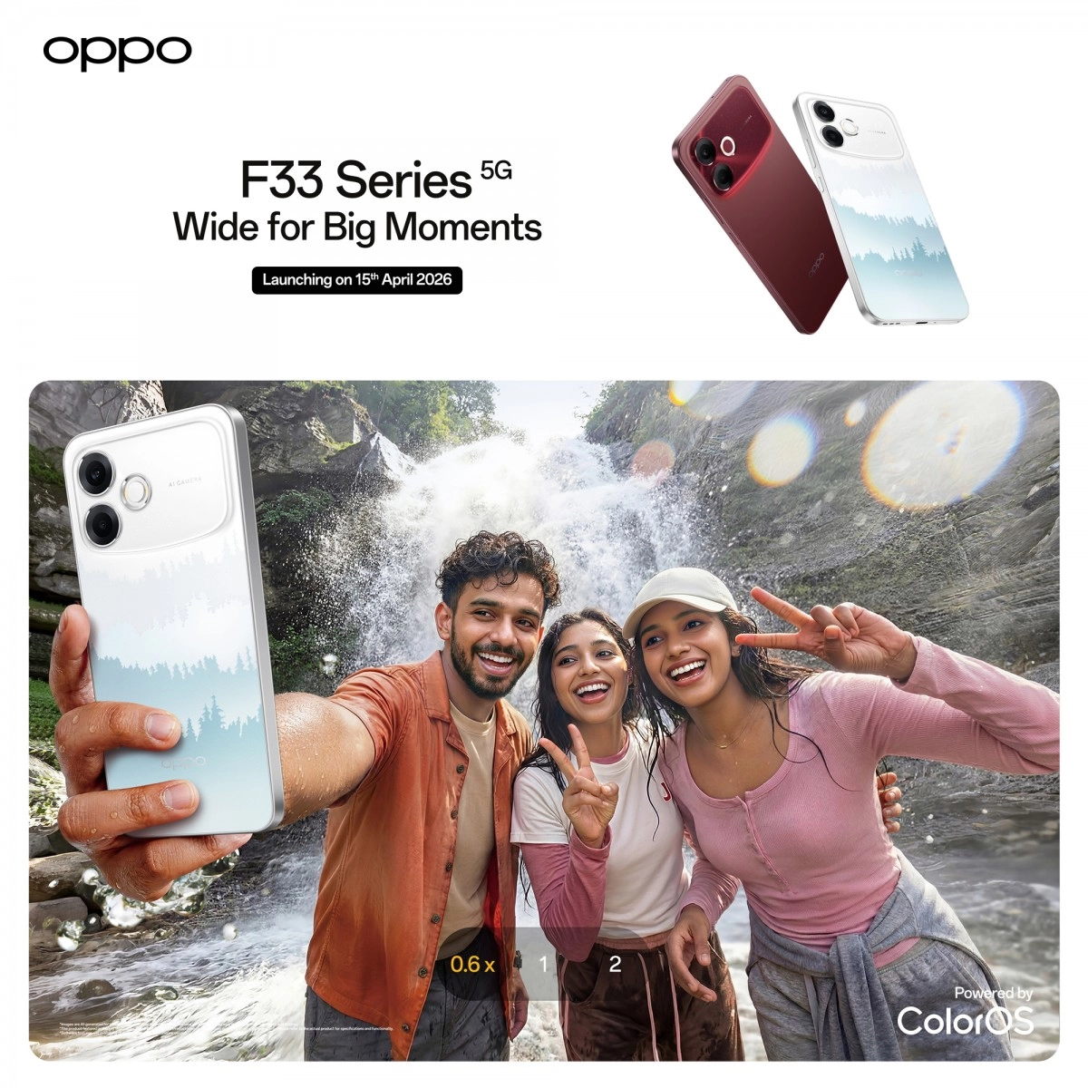 Oppo F33 Pro and F33 phones with waterfall selfie.