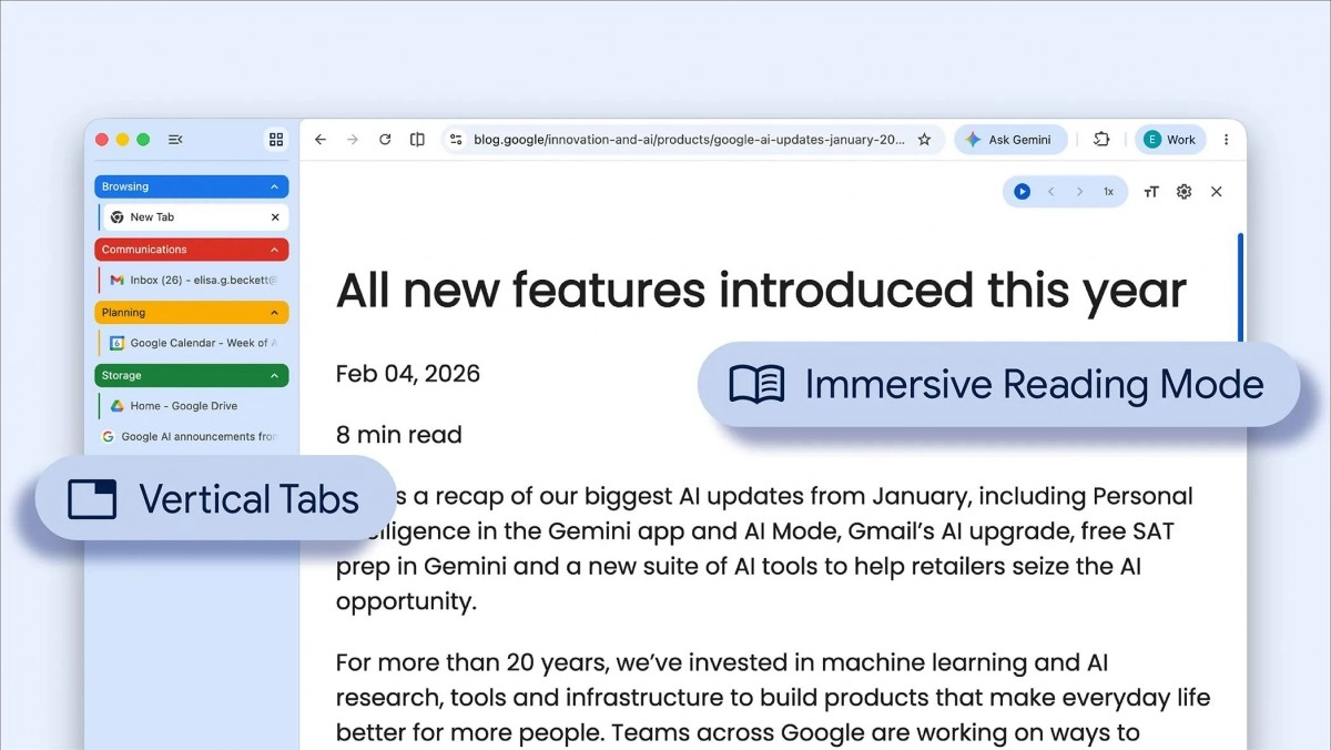 Google Chrome vertical tabs and immersive reading mode.