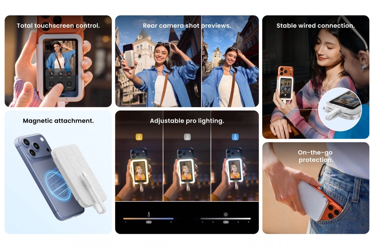 Insta360 Snap magnetic touchscreen viewfinder features.