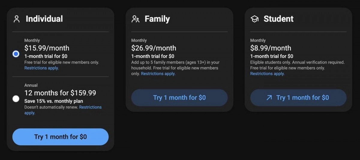 YouTube Premium subscription plan prices and trials.