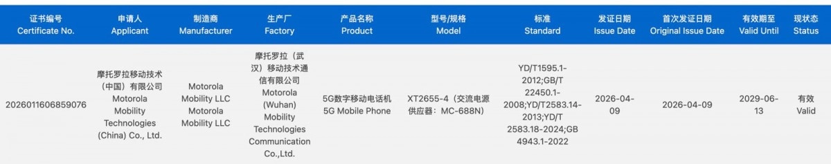 Motorola 5G mobile phone certification details.