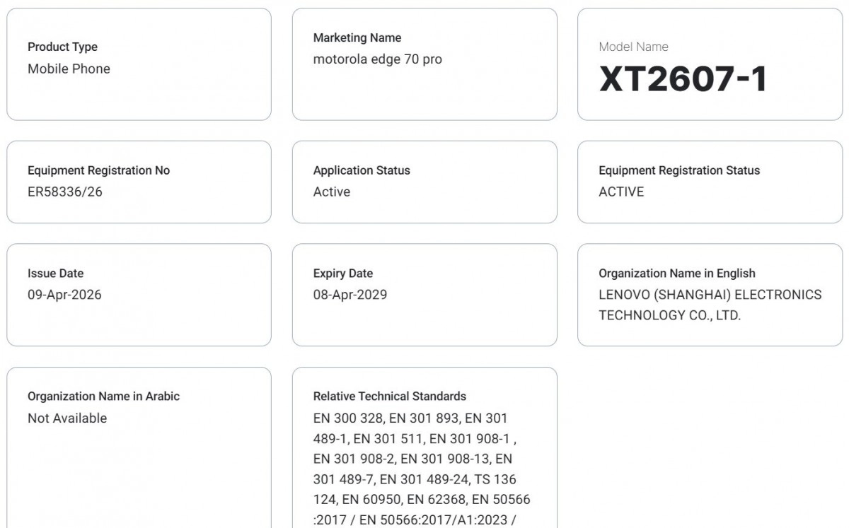 Motorola Edge 70 Pro certification document XT2607-1.