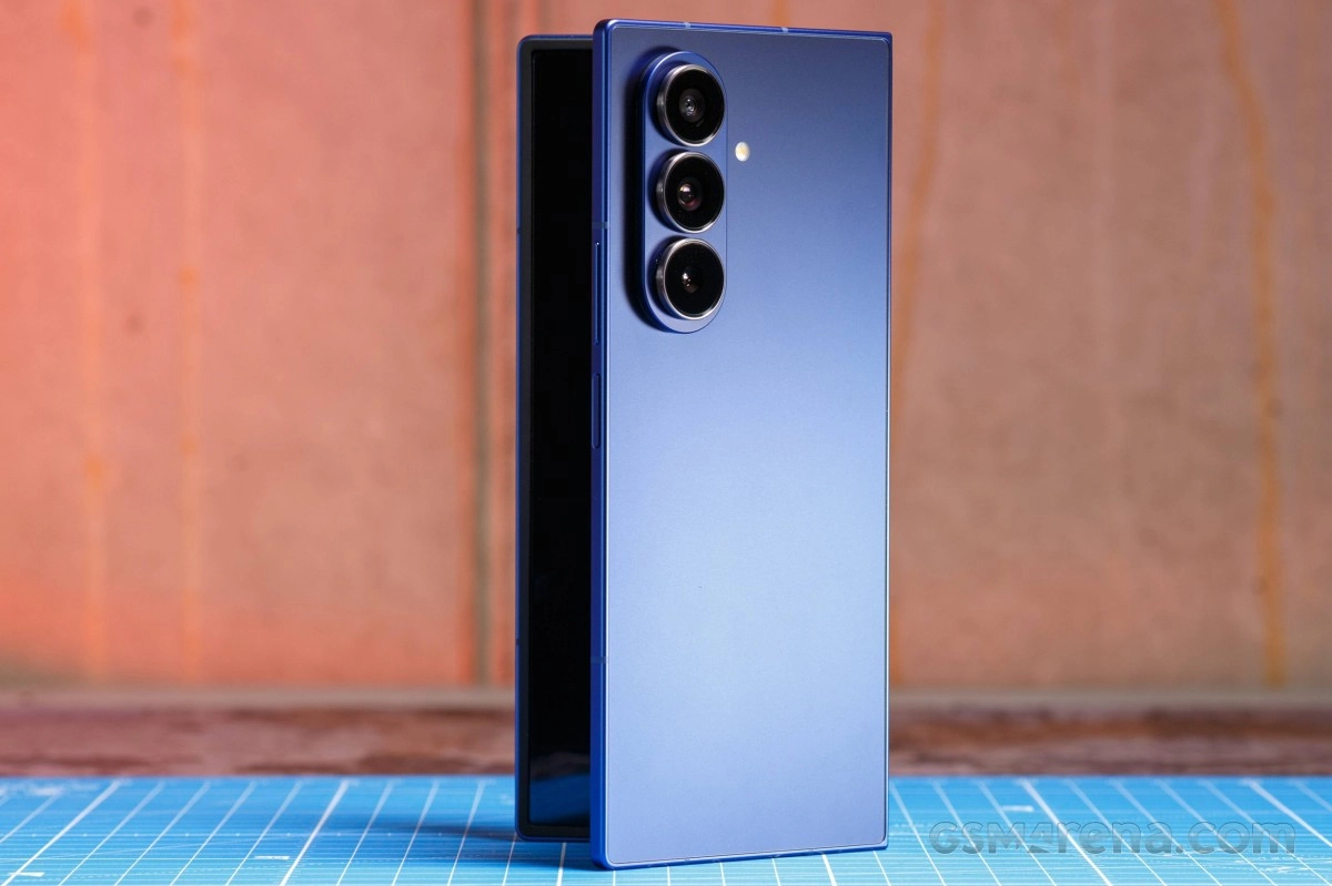 Blue Samsung Galaxy Z Fold 7 with triple cameras