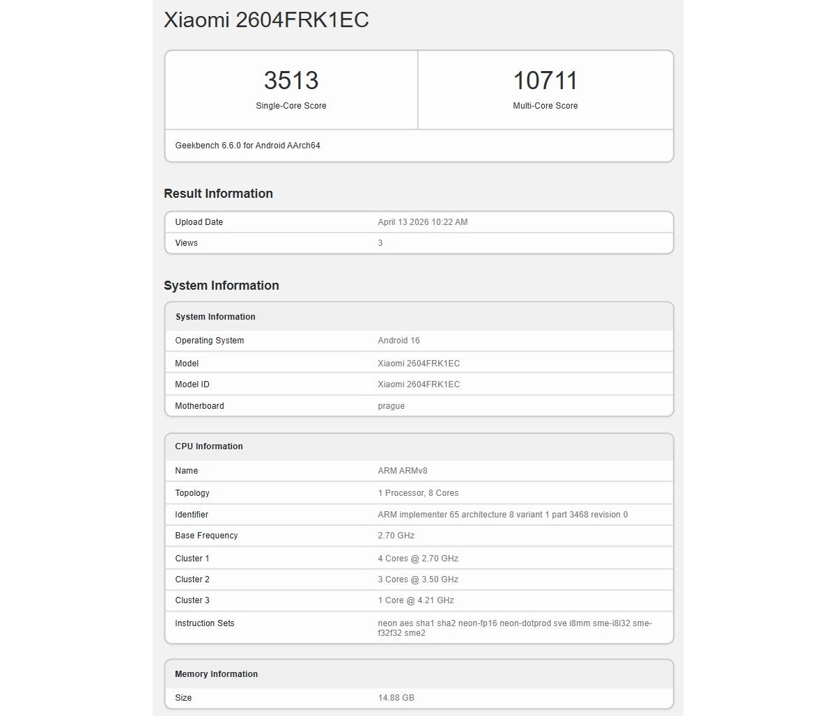 Xiaomi 2604FRK1EC Geekbench score and specs