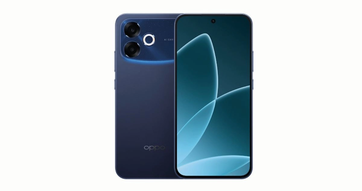 Oppo F33 Pro smartphone in blue with camera details.