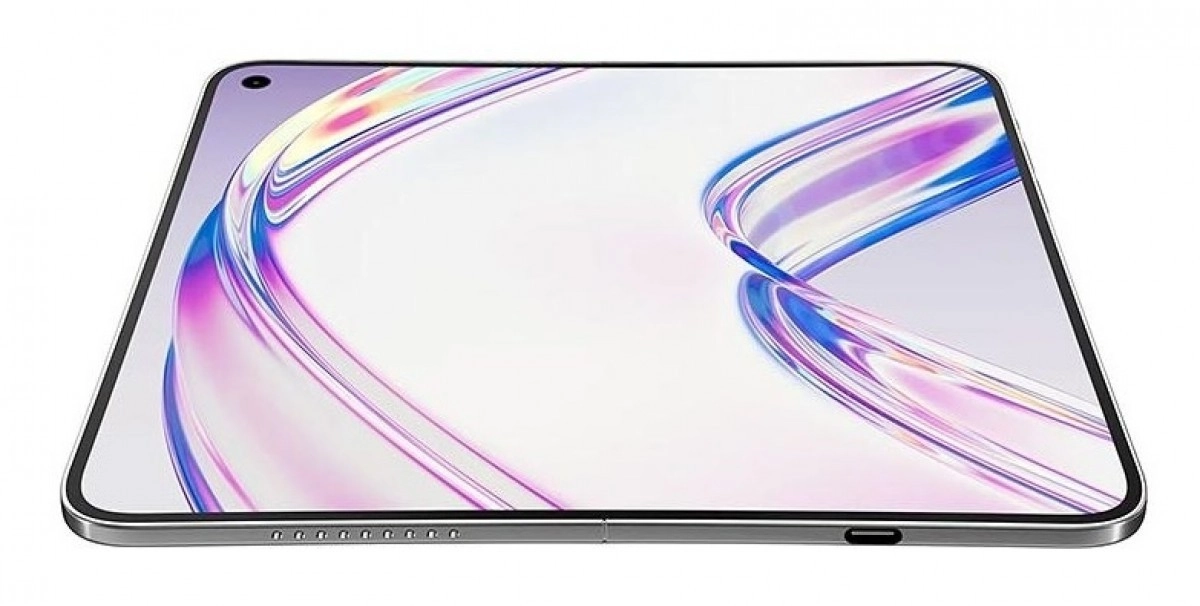 Conceptual iPhone Foldable smartphone on white background.