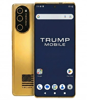 Gold Trump Mobile T1 phone, front and back views.