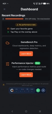 GameBench dashboard showing performance data and options.