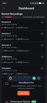 GameBench dashboard showing recent recording FPS metrics.