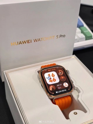Huawei Watch Fit 5 Pro smartwatch with orange strap.