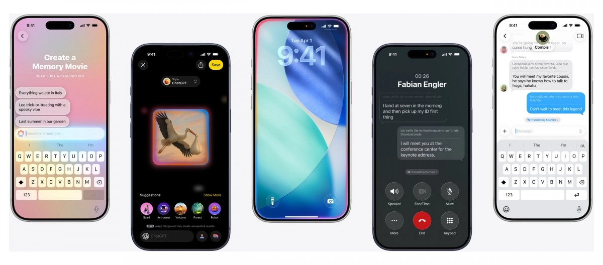 Five iPhones show Apple Intelligence features.