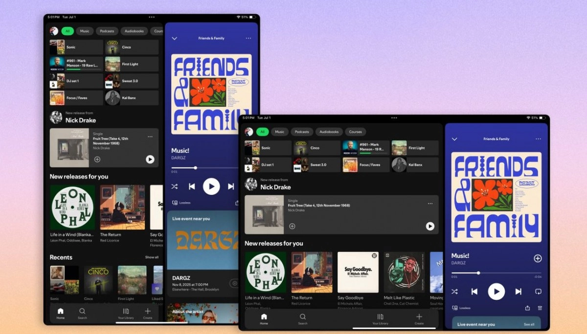 Spotify tablet app redesign showing new releases.