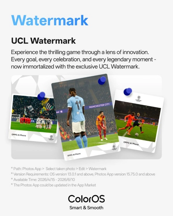 Oppo ColorOS UCL watermark with football photos