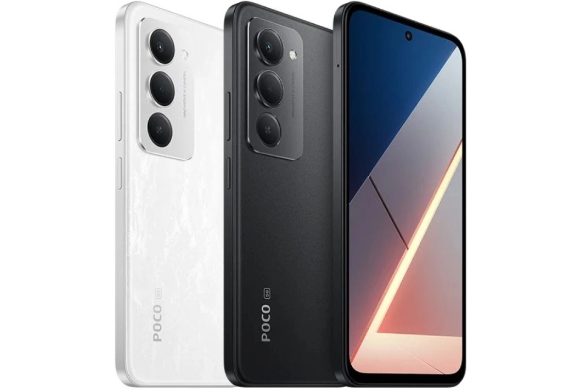 Poco M8s 5G phones in white and black.