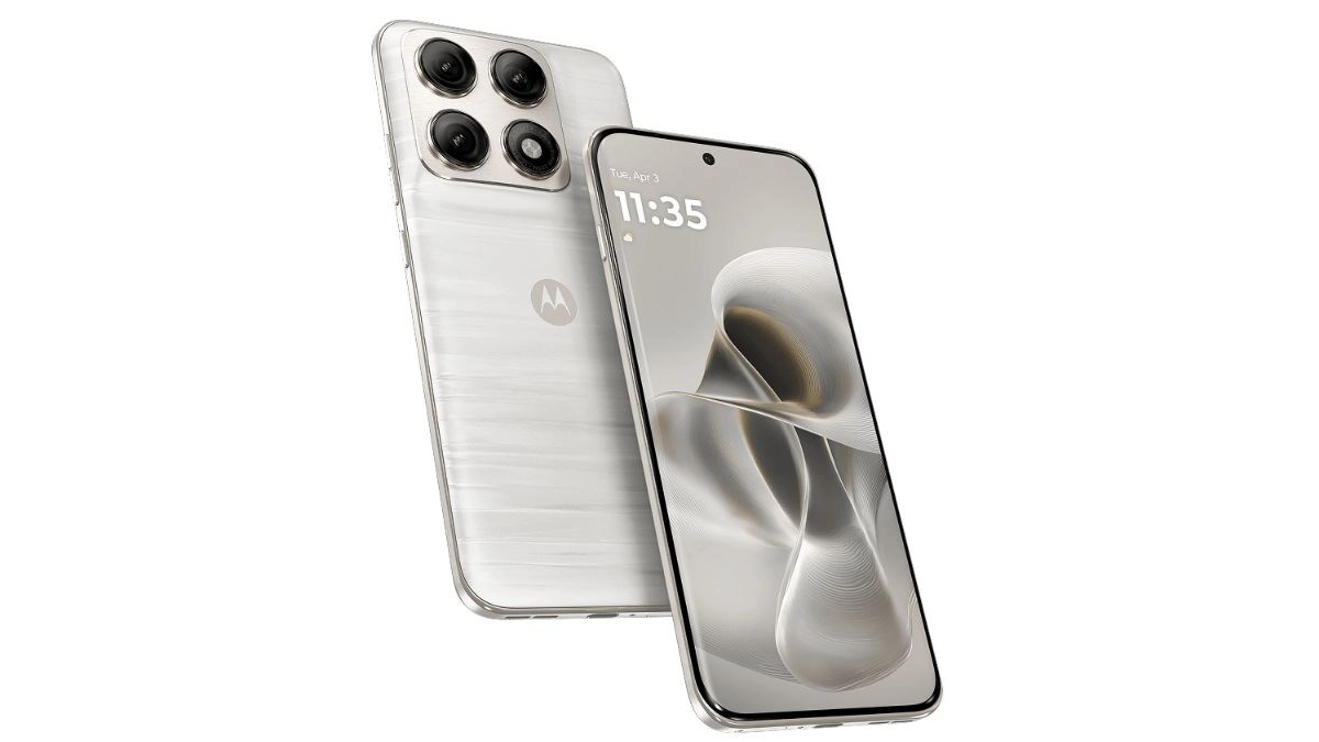 Motorola Edge 70 Pro white smartphone with camera.