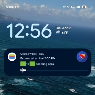 Google Wallet flight tracking on phone home screen.