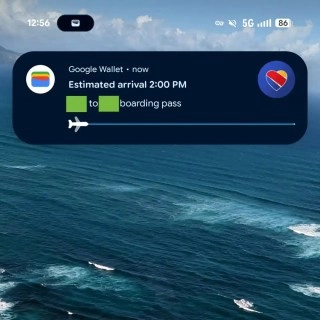 Google Wallet shows flight arrival, boarding pass notification.
