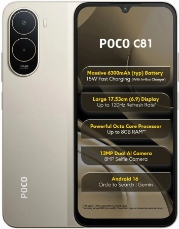 Poco C81 phone with 120Hz display, 6300mAh battery.
