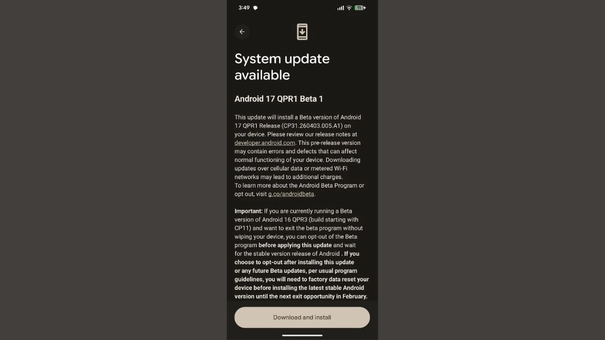 Android 17 QPR1 Beta 1 system update available