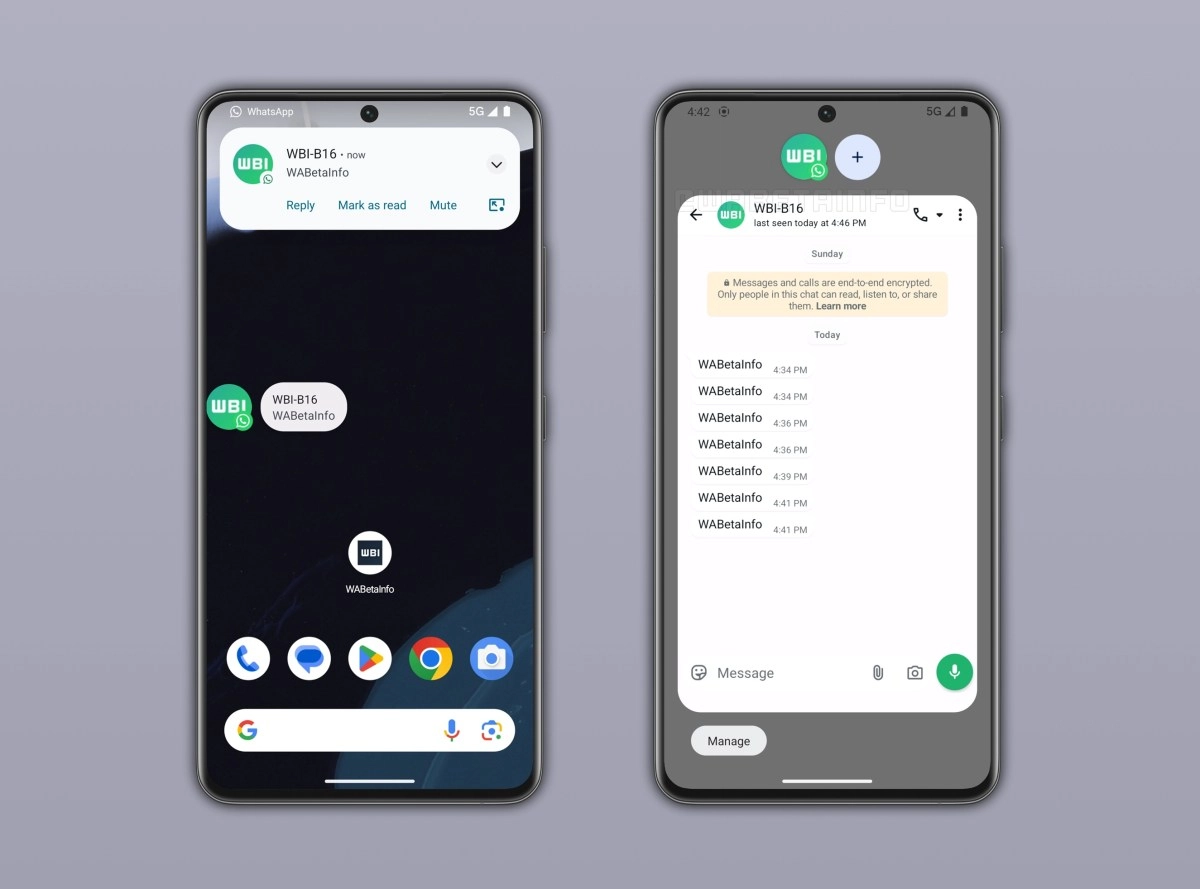 WhatsApp notification bubbles feature on phone screens.