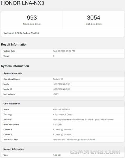Honor LNA-NX3 Geekbench score and specs
