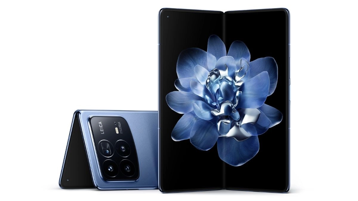 Blue Xiaomi Mix Fold 5 with flower wallpaper.