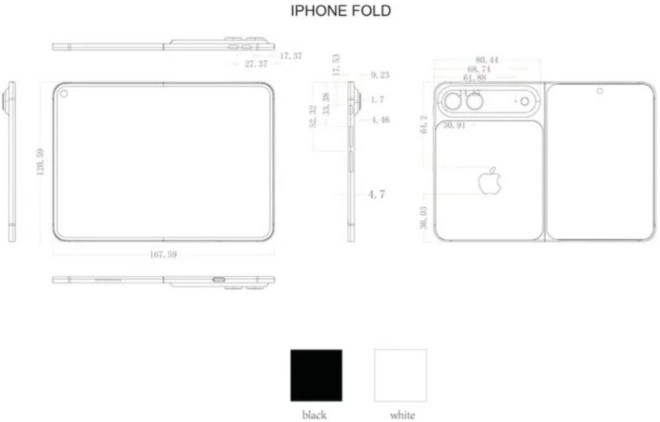 iPhone Fold schematic with dimensions and color options.
