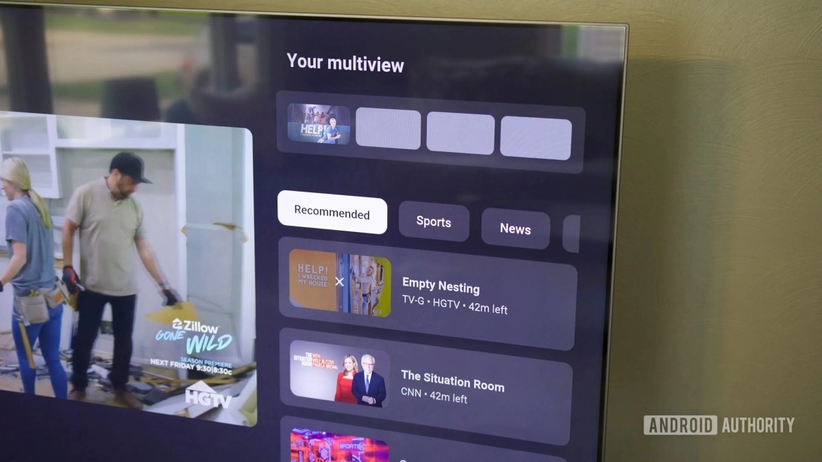 YouTube TV Multiview screen with recommended channels.