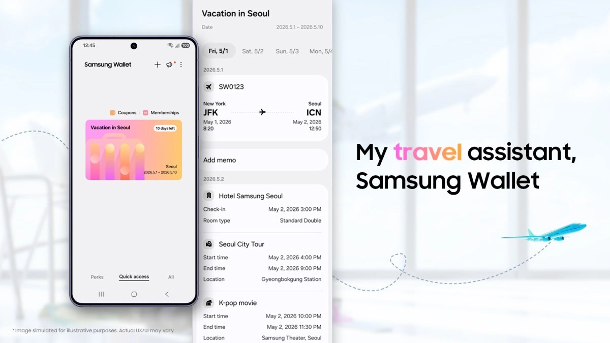 Samsung Wallet shows vacation timeline with flight, hotel details.