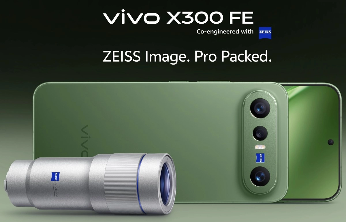 vivo X300 FE phone with ZEISS camera lens.