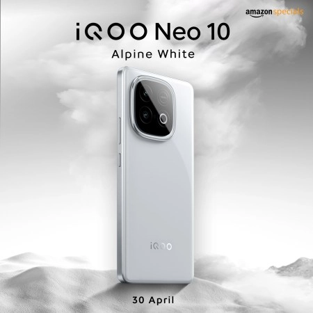 iQOO Neo 10 Alpine White smartphone shown.