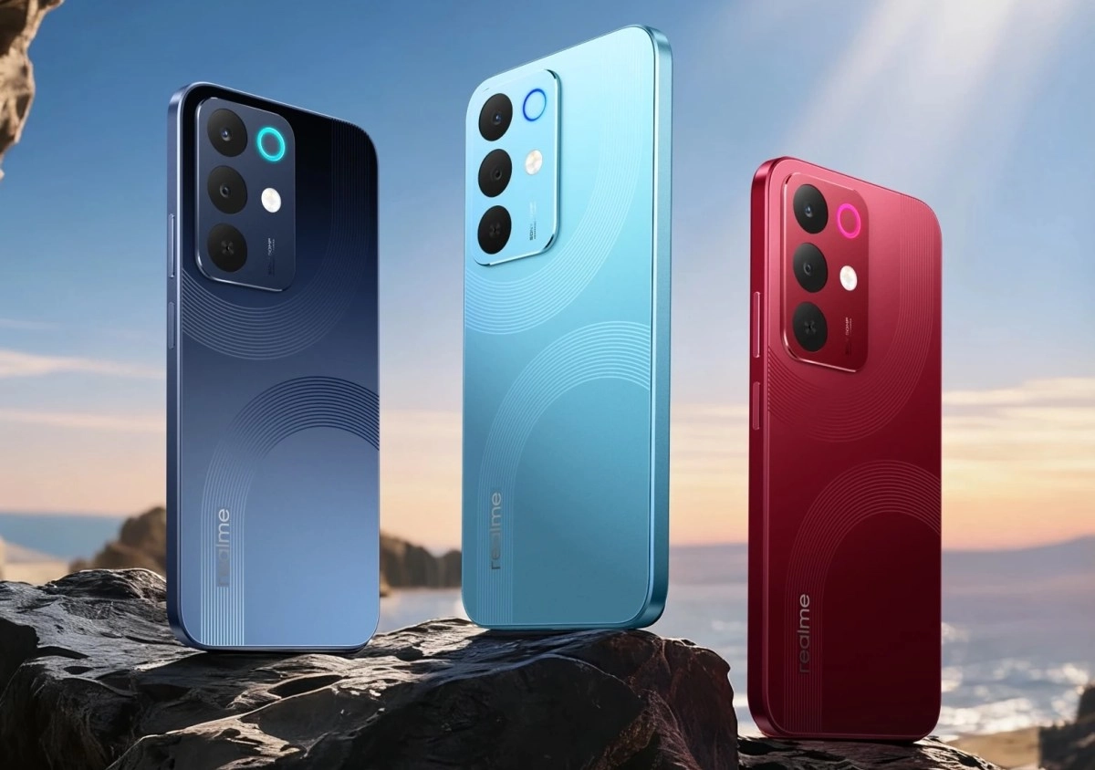 Realme 16x phones in blue, light blue, red.