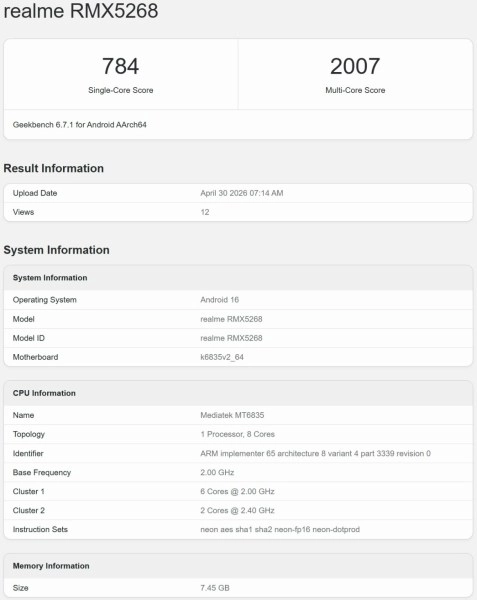 Realme RMX5268 Geekbench scores and specs