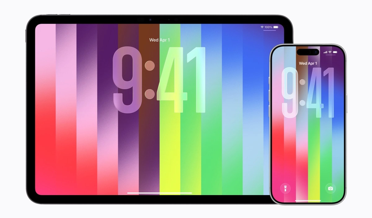Apple iPad and iPhone displaying Pride wallpaper.