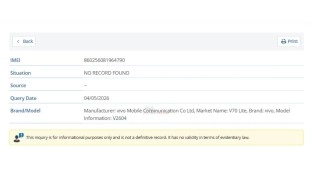 Vivo V70 Lite 4G certification details display